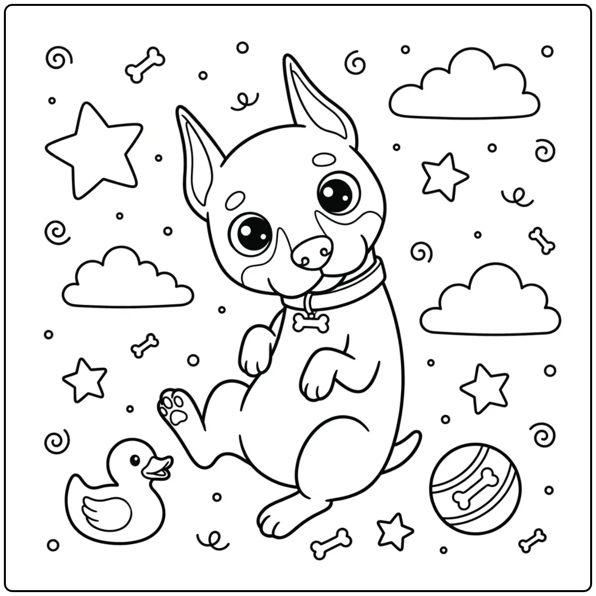 Cute Cartoon Doberman coloring page with toys and stars.