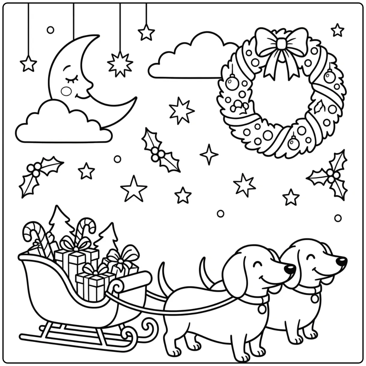 Cute Christmas Dachshund coloring page with dogs pulling sleigh