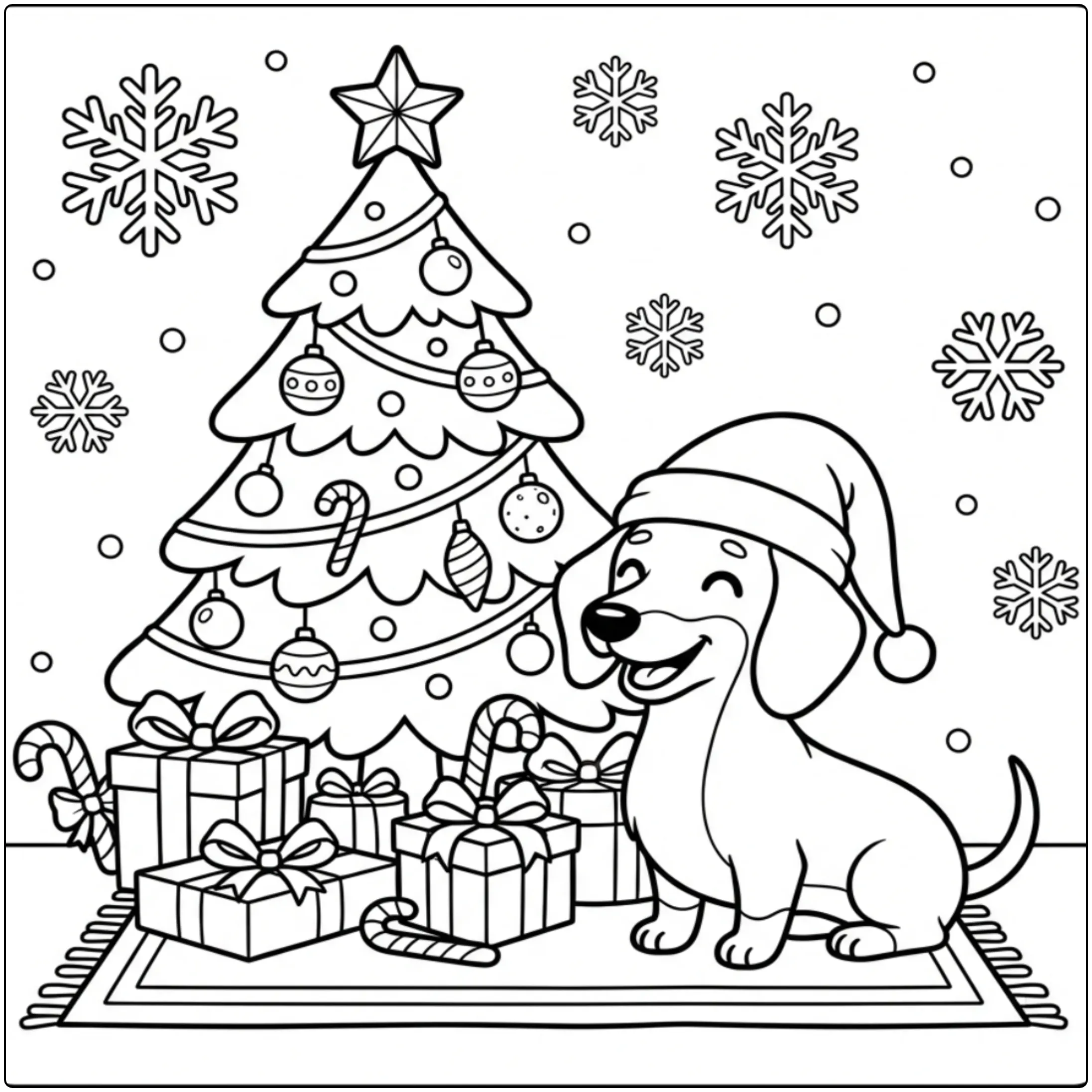 Cute Christmas Dachshund coloring page with gifts and tree.