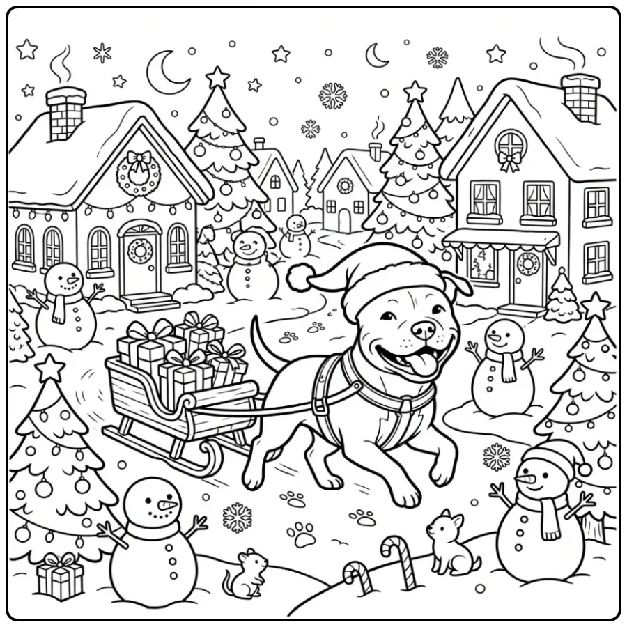 A cute Christmas Pitbull Coloring Page with a dog pulling a sled.