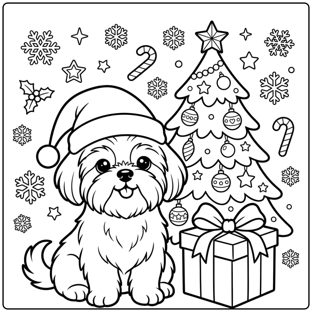 Cute Christmas Shih Tzu coloring page with a Santa hat and tree.