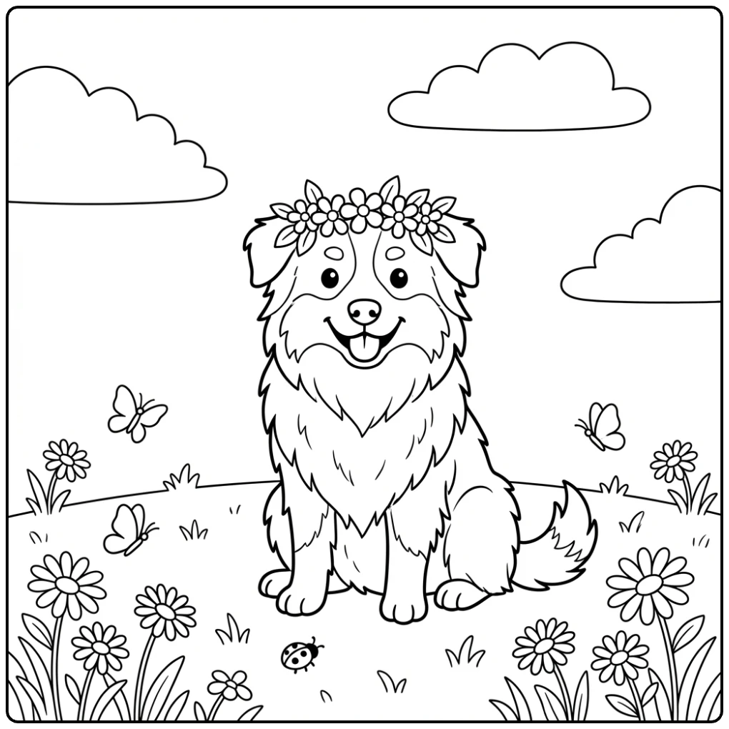 A cute Australian shepherd coloring page with meadow flowers.