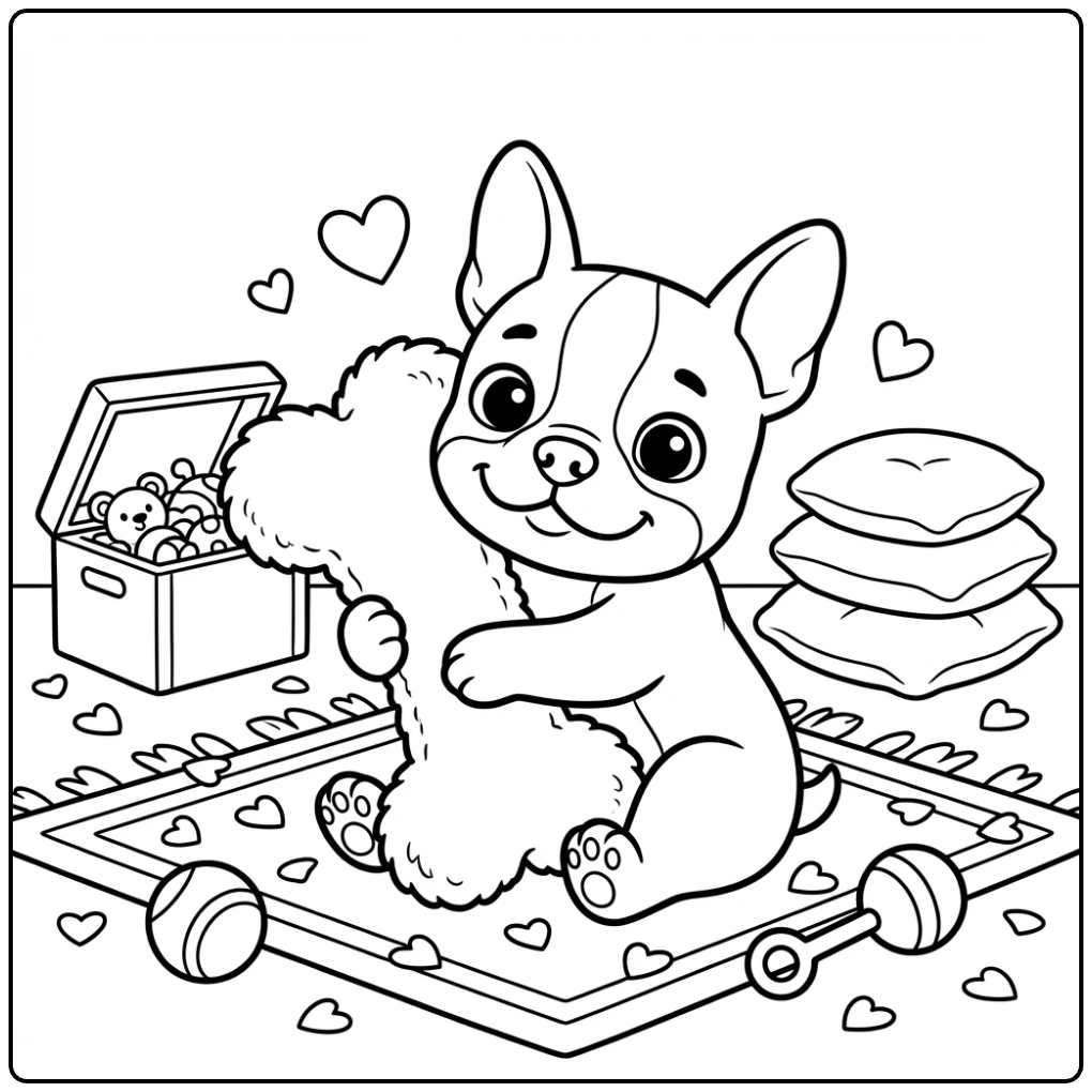 A cute Boston Terrier coloring page of a puppy hugging a bone.