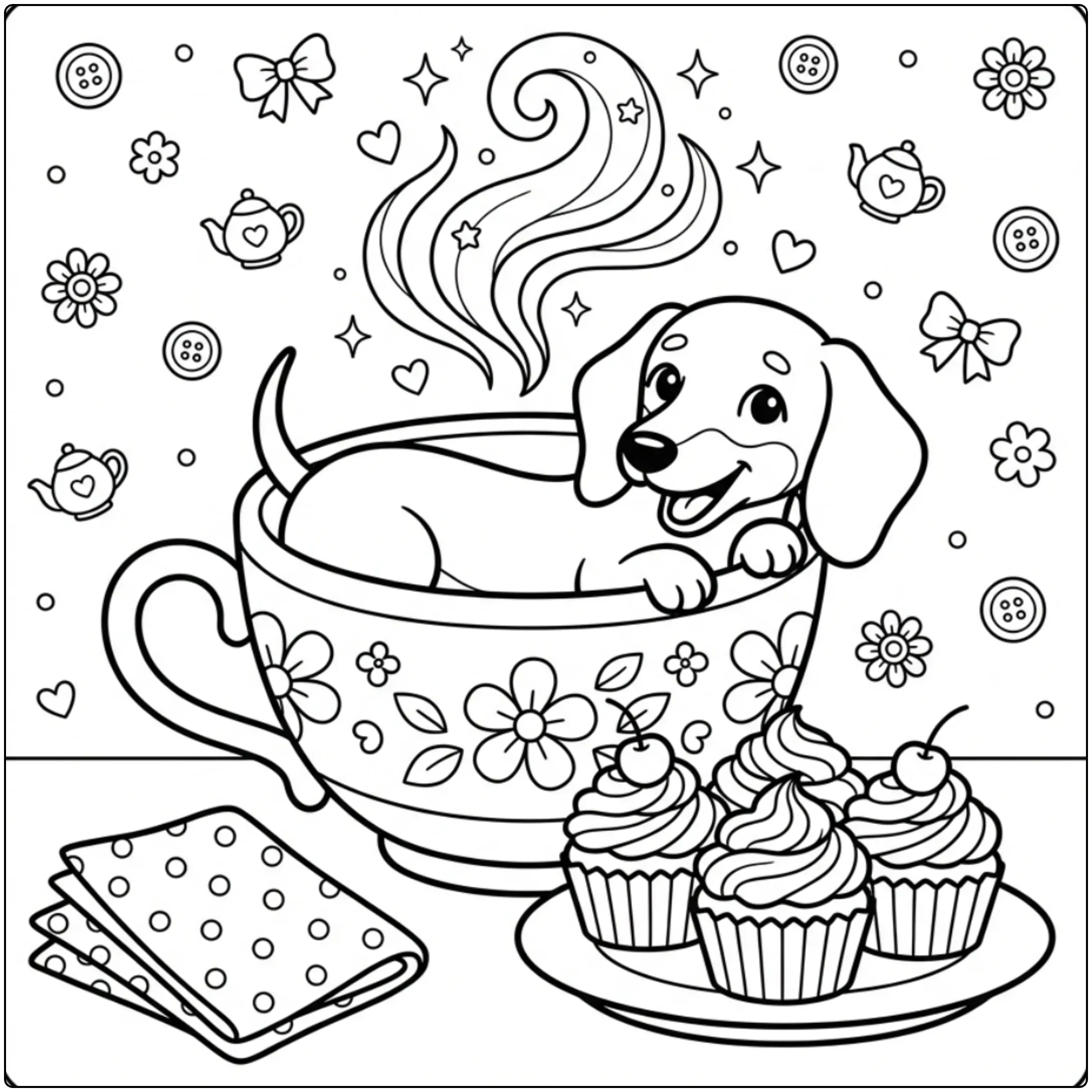 Cute Dachshund coloring page snuggled in a teacup.