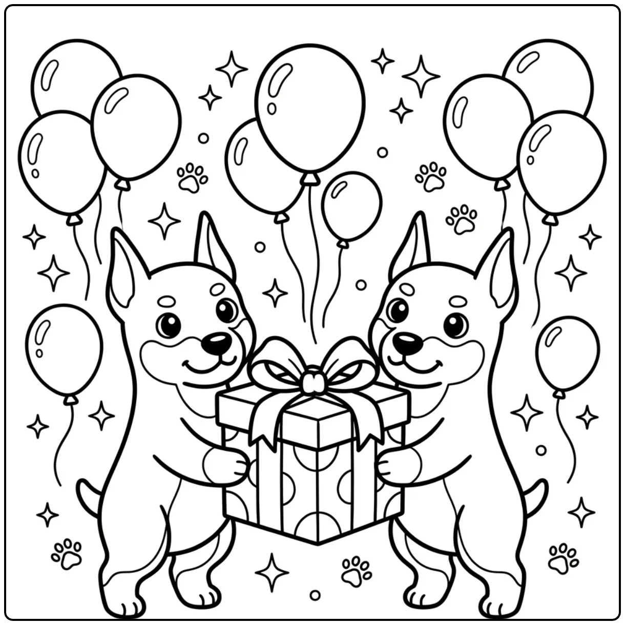 Cute Doberman coloring page with two dogs opening a gift box