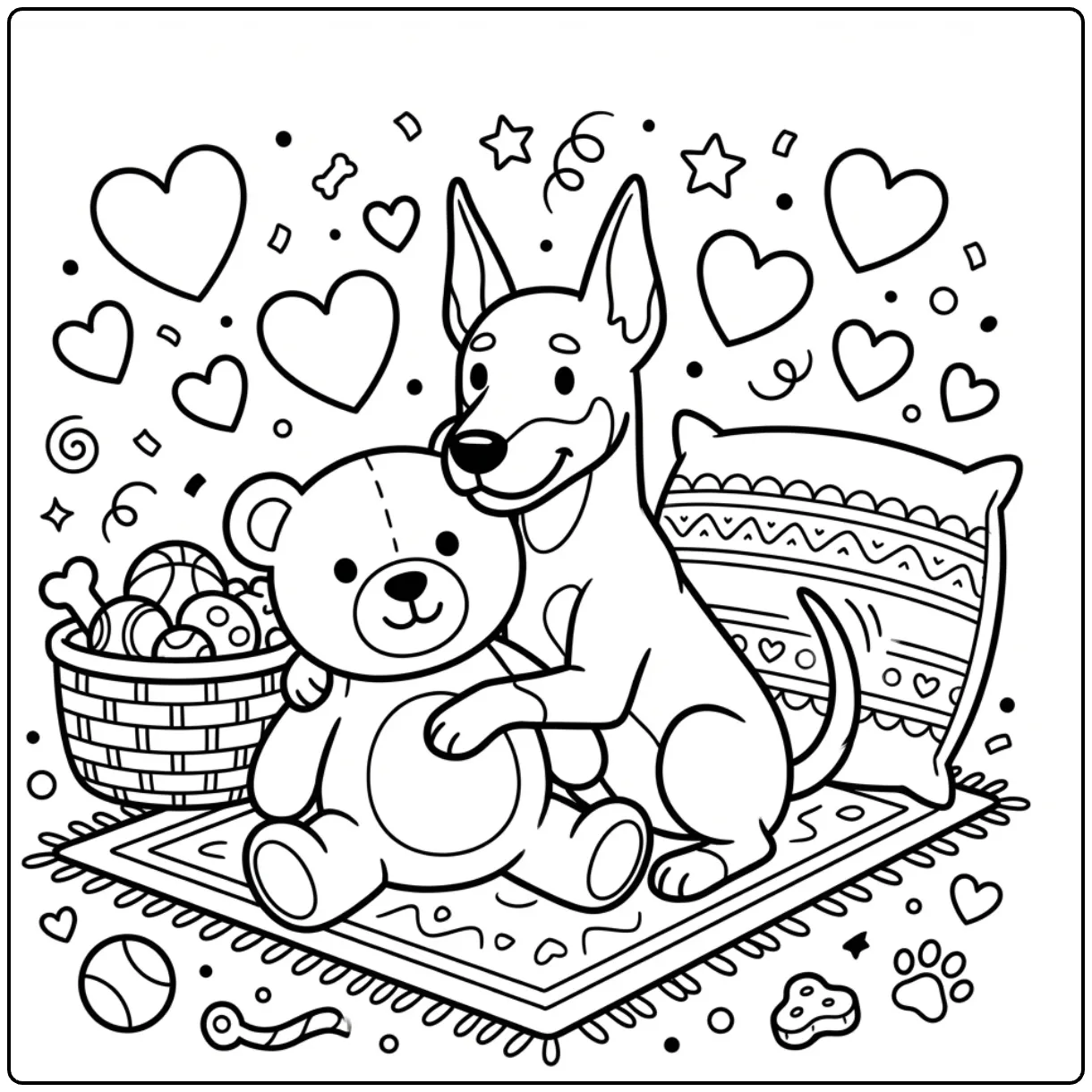 Cute Doberman coloring page featuring a dog hugging a teddy.
