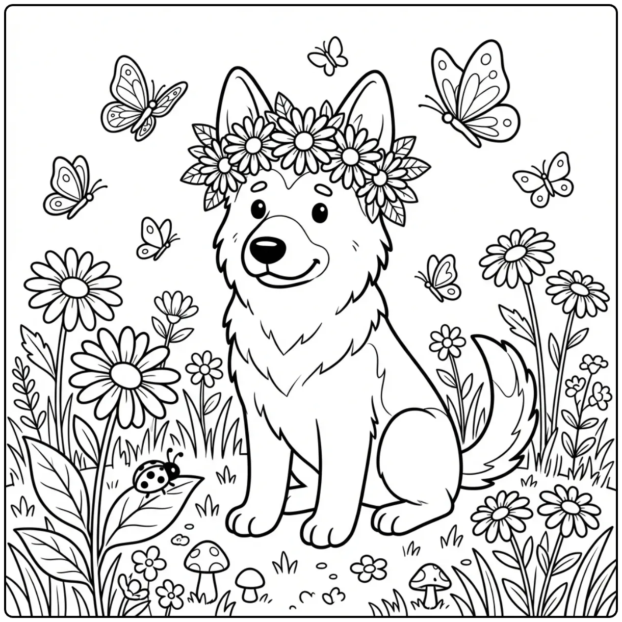 A cute German Shepherd coloring page with a flower crown.