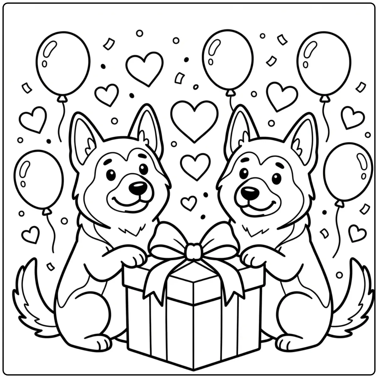 A festive cute German Shepherd coloring page sharing a gift.