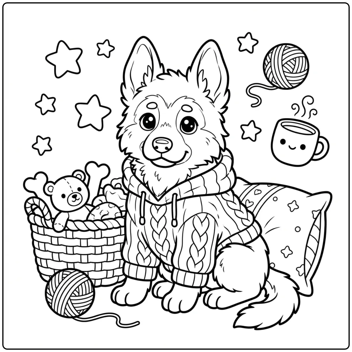 A cute German Shepherd coloring page of a puppy in a sweater.