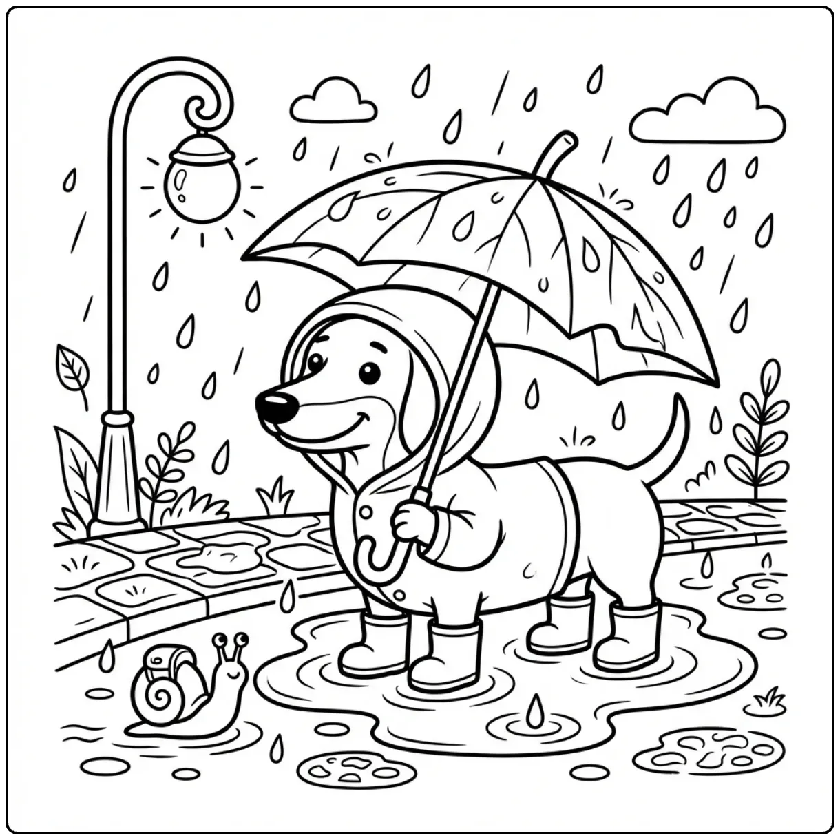 Cute Dachshund coloring page wearing boots and a raincoat.