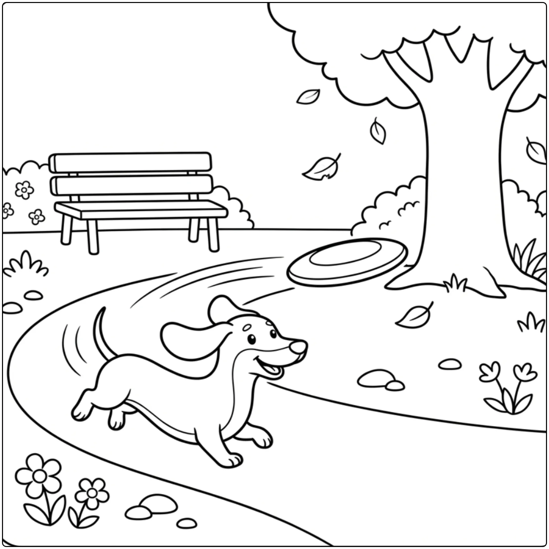 Cute Dachshund coloring page chasing a frisbee in a park.