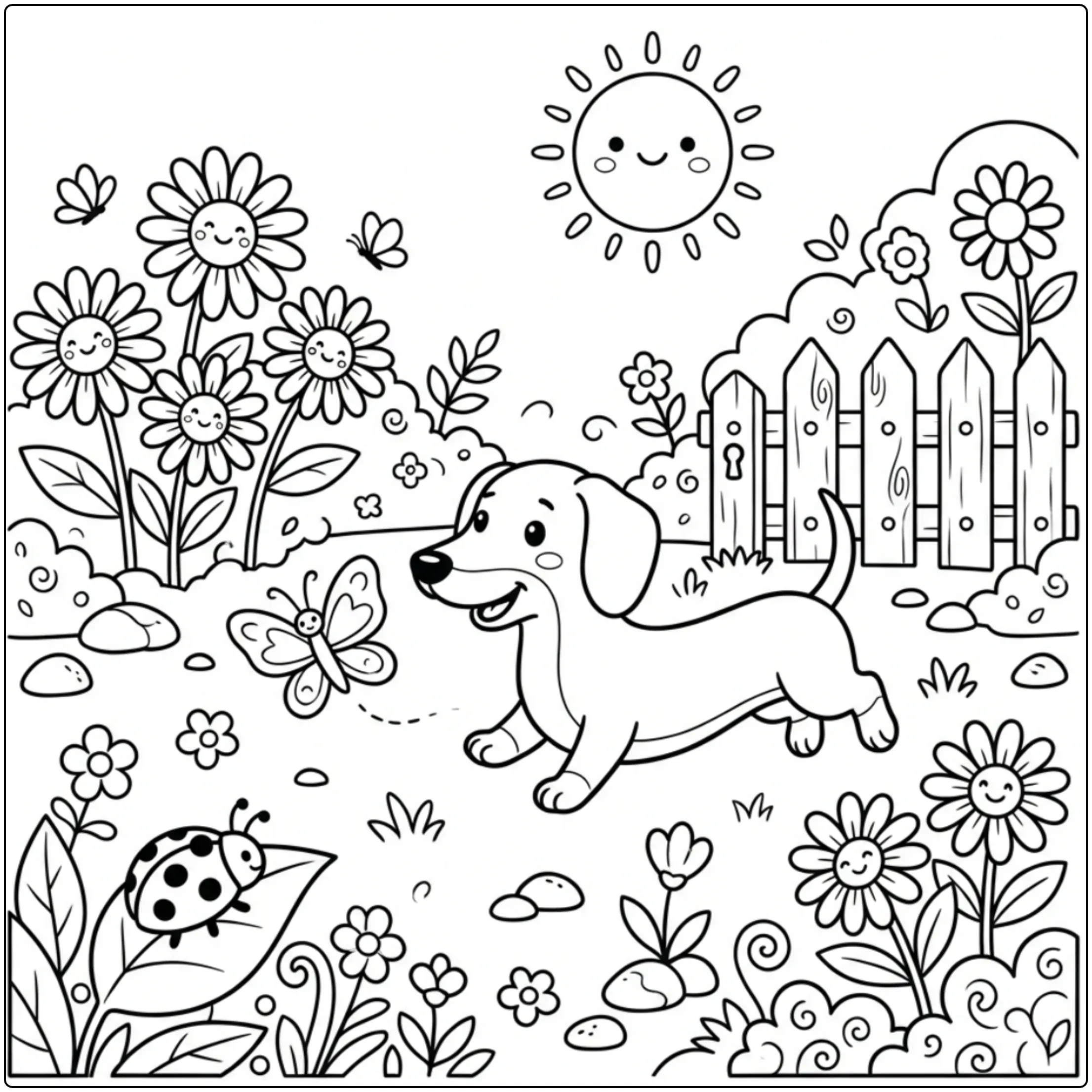 Cute cartoon Dachshund coloring page chasing a butterfly.