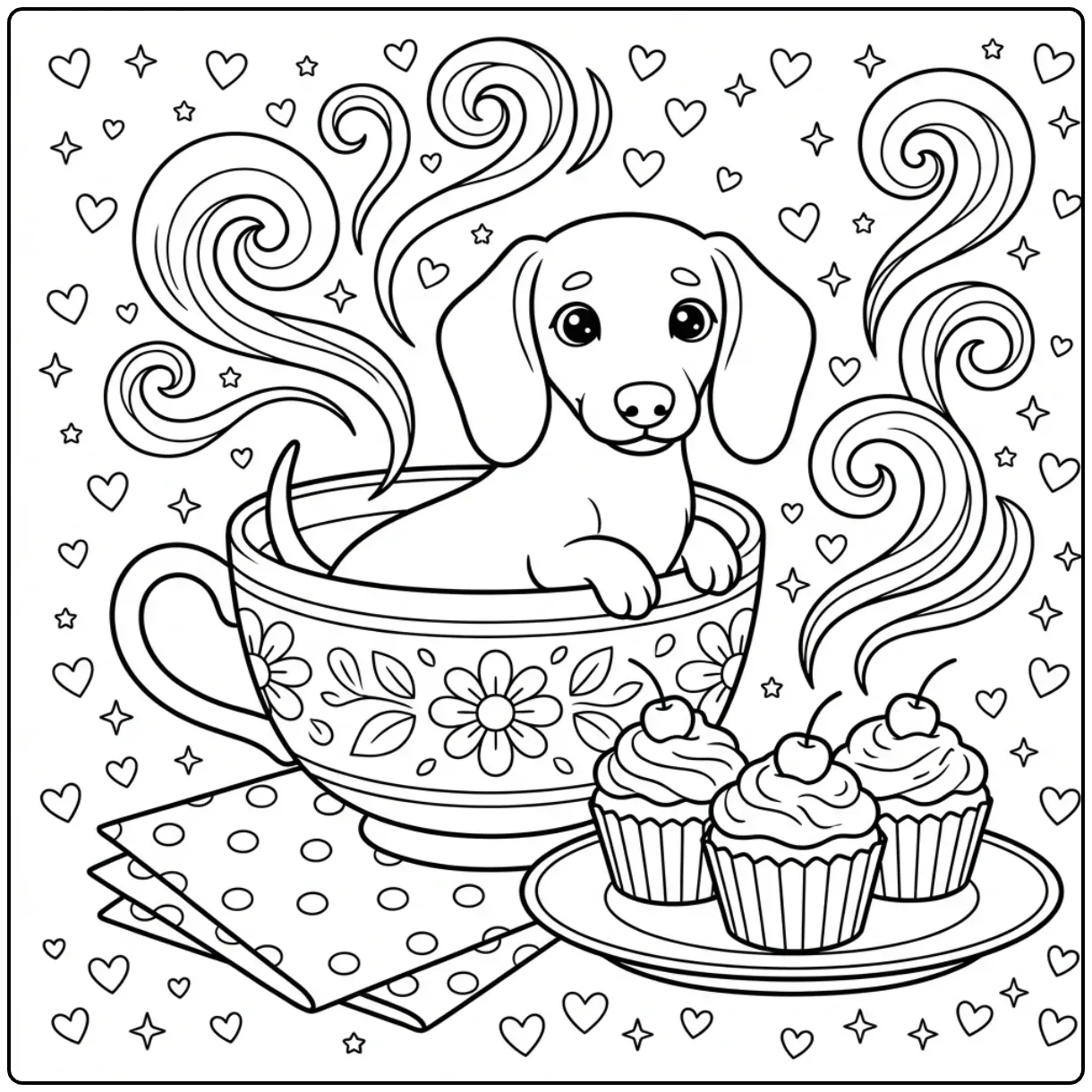 Cute Dachshund coloring page in a teacup with cupcakes.