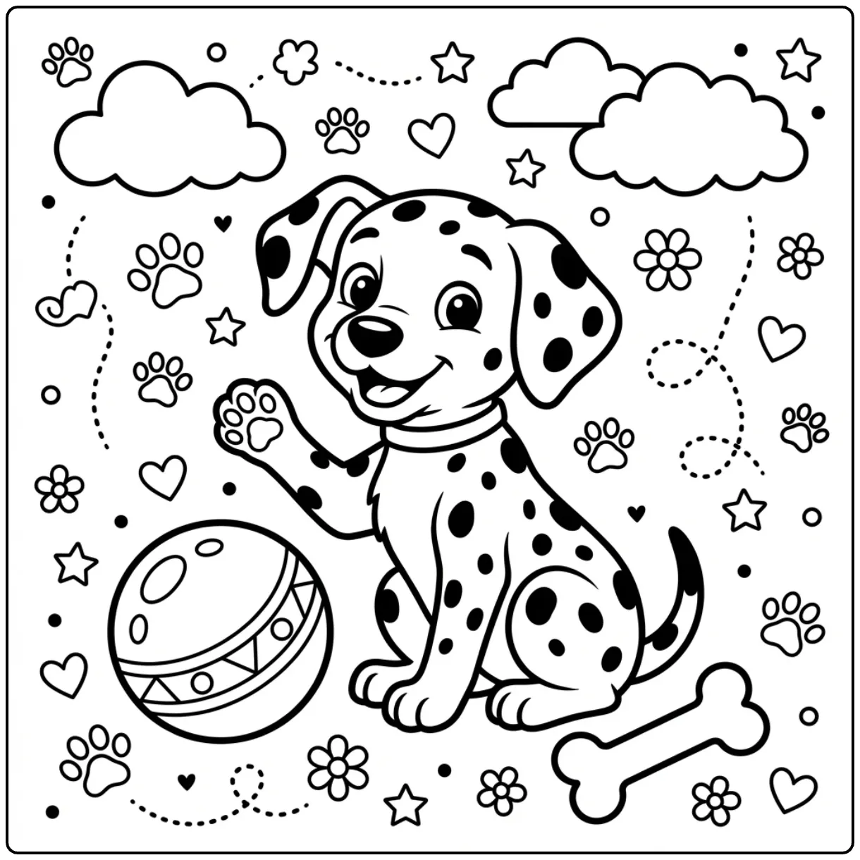 Cute waving Dalmatian coloring page for preschoolers.