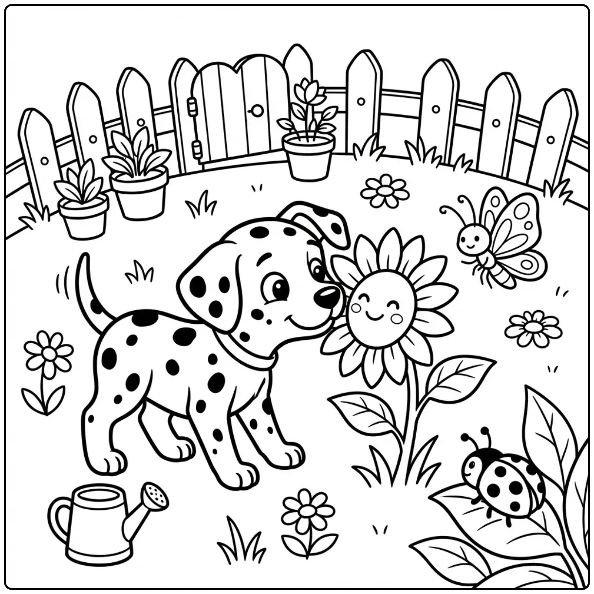 Cute Dalmatian coloring page for preschoolers with sunflower