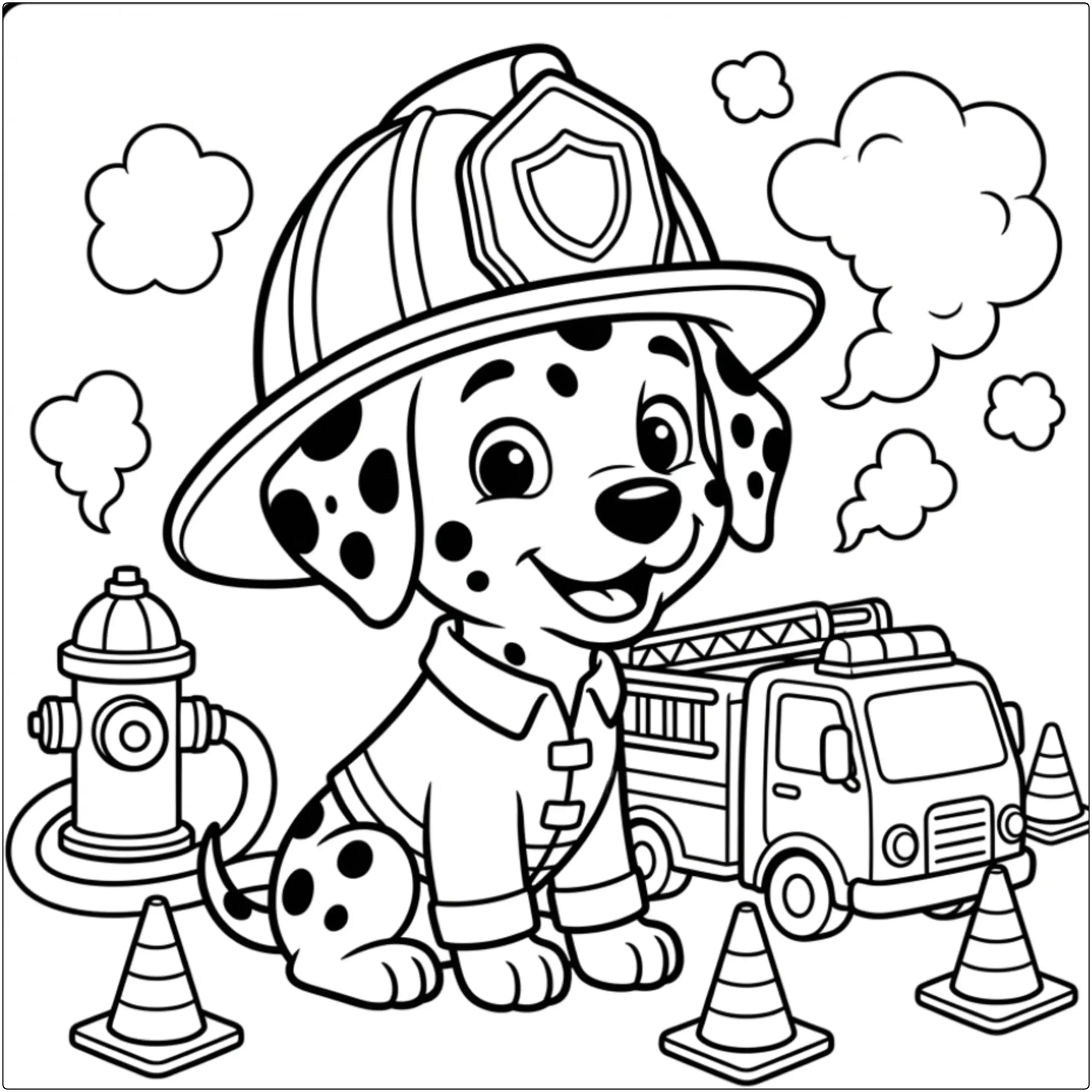 Cute puppy firefighter Dalmatian coloring page with truck.
