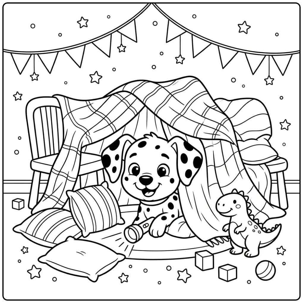 Cute Dalmatian coloring page with a puppy in a blanket fort.