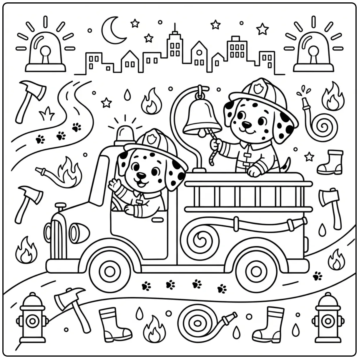 Cute Dalmatian fire dog coloring page with pups on a truck.