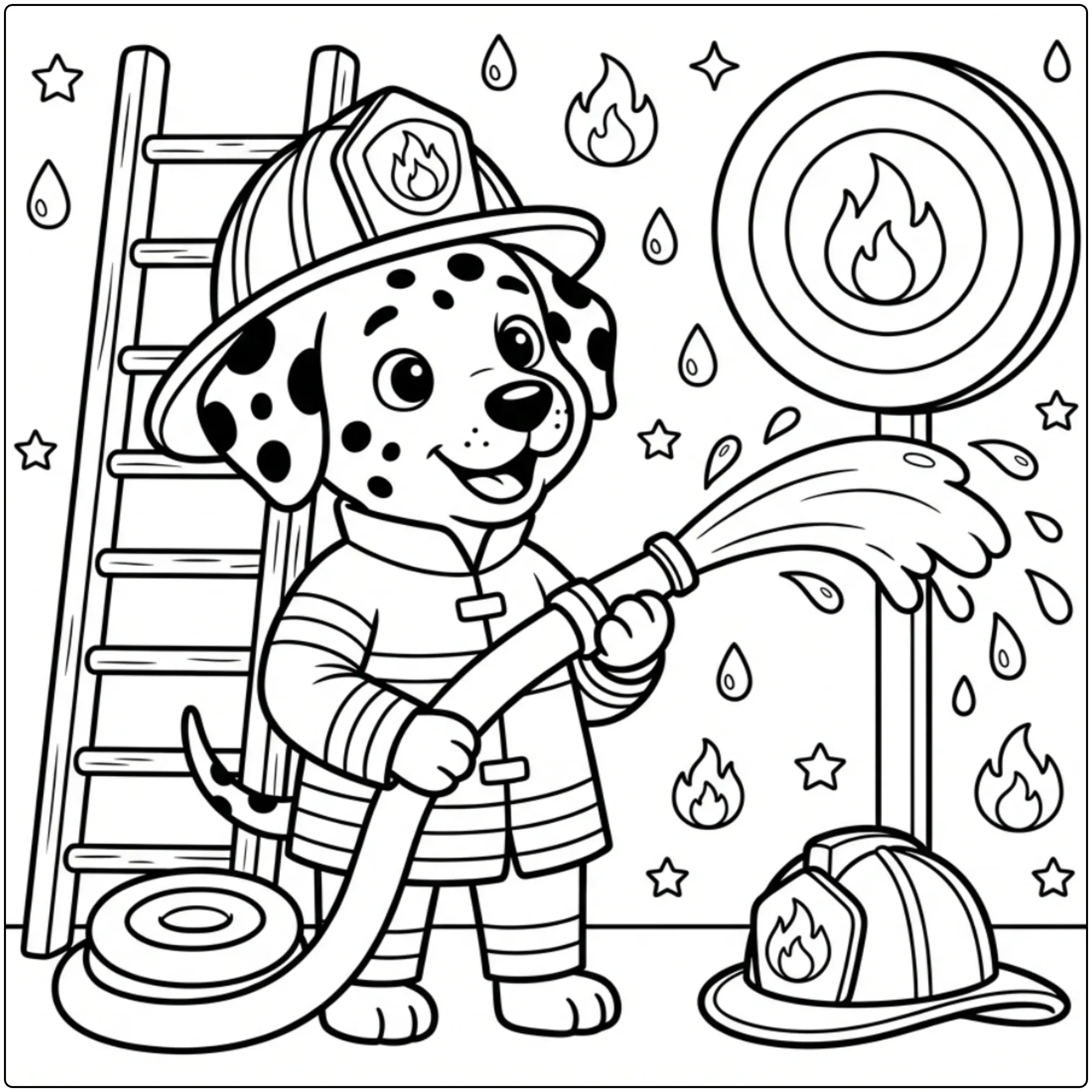 Cute Dalmatian fire dog coloring page with hose and ladder