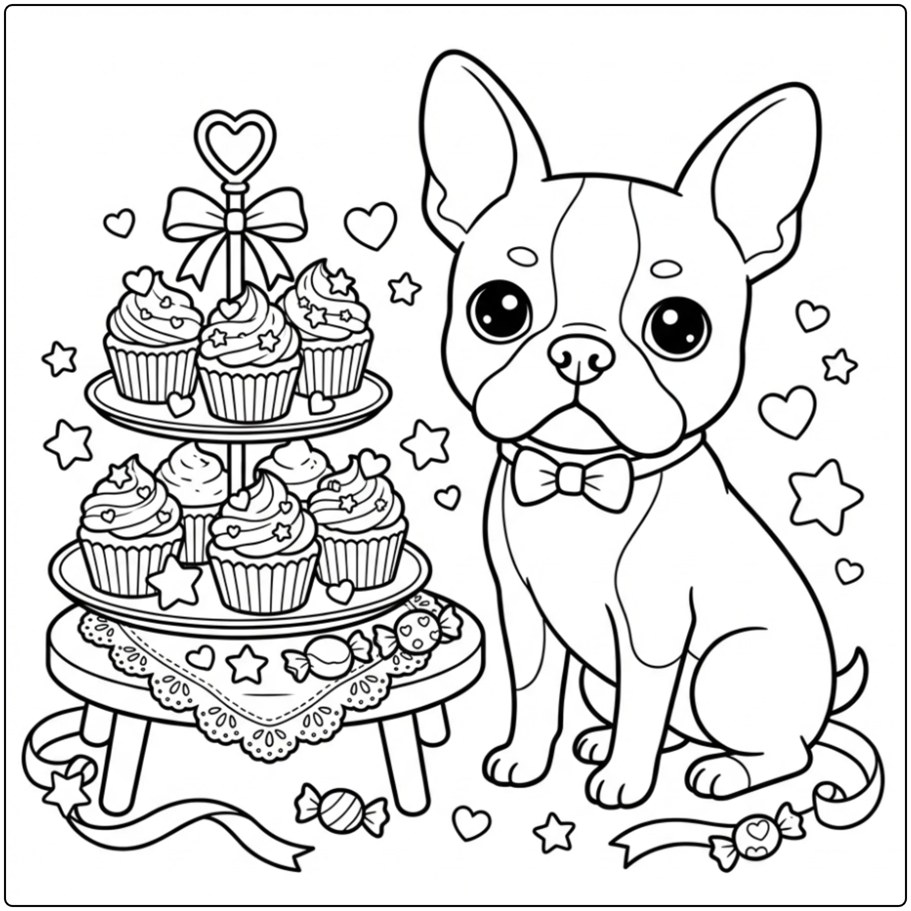 A detailed Boston Terrier coloring page with treats and bow.