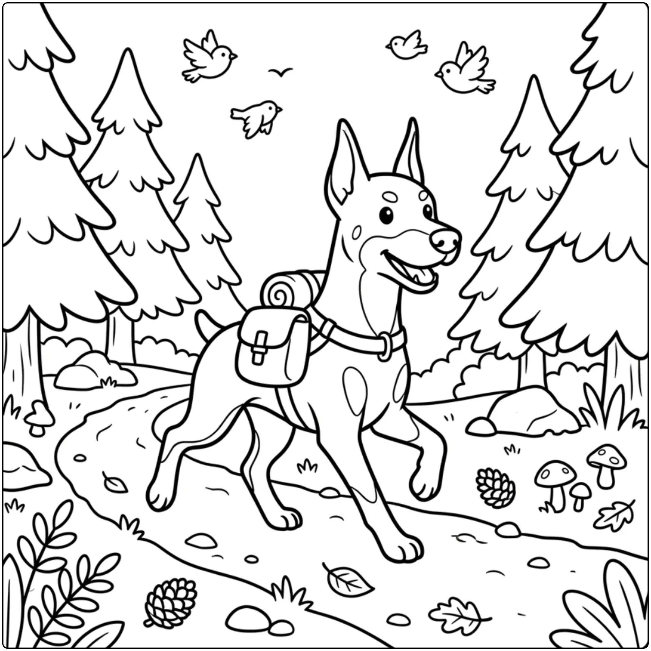 Cute hiking Doberman coloring page with backpack and trees.