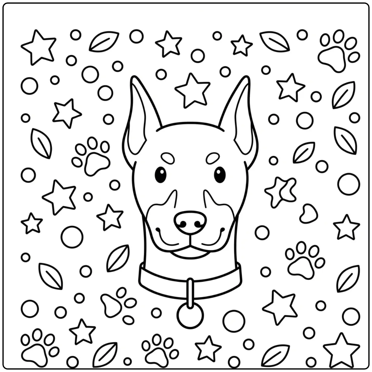 Cute Doberman coloring page with stars and paw prints.