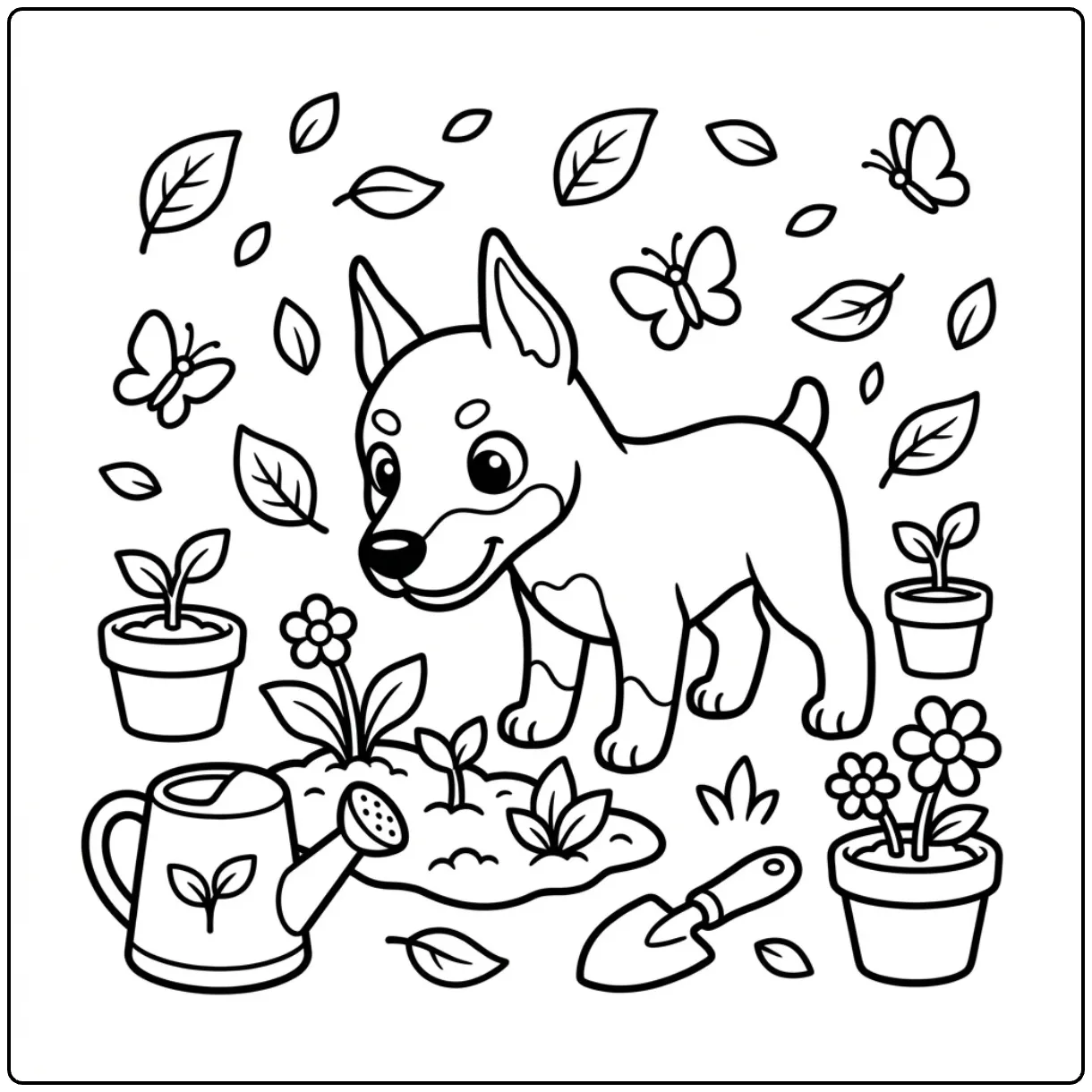 Cute garden Doberman coloring page with butterflies.