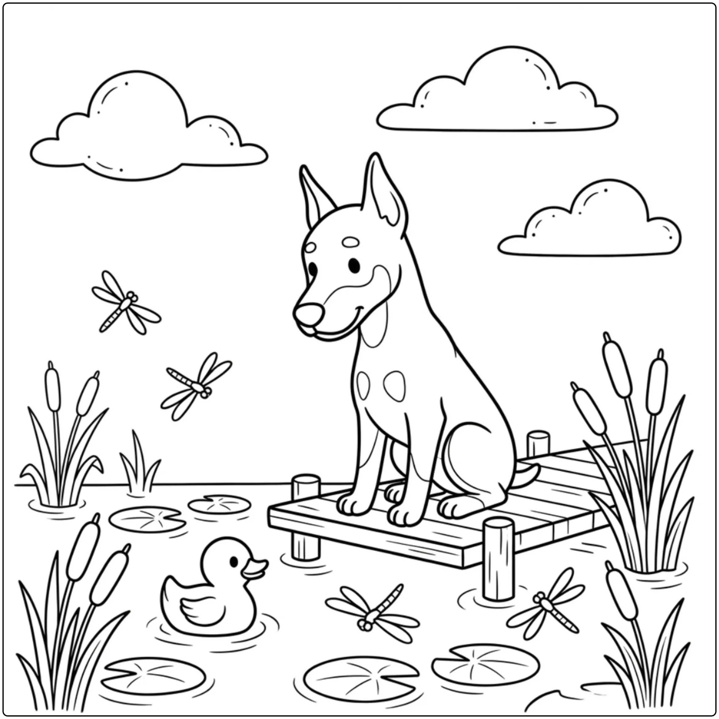 Cute Doberman coloring page of a dog on a dock with a duck.
