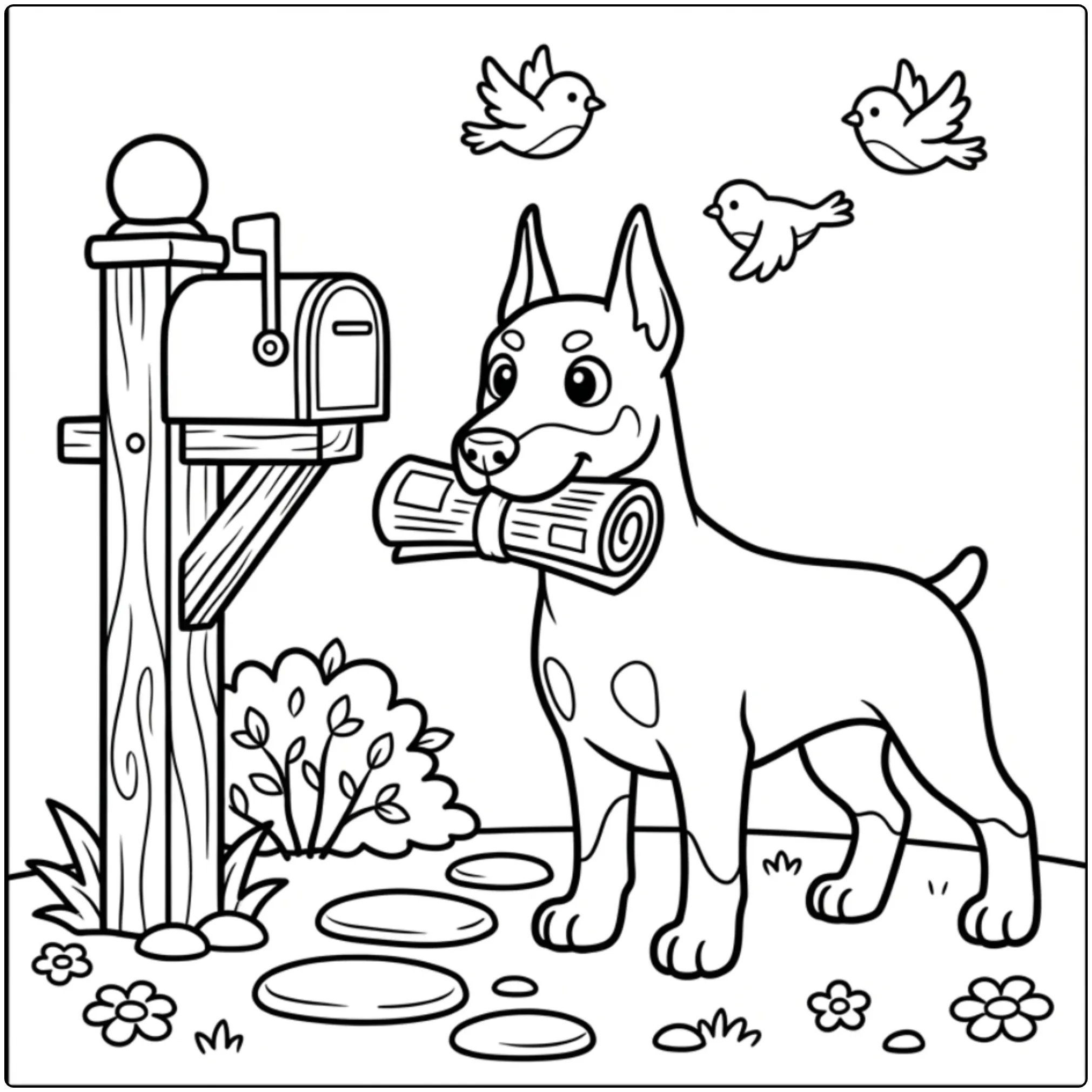 Cute Doberman coloring page fetching a newspaper by a mailbox.