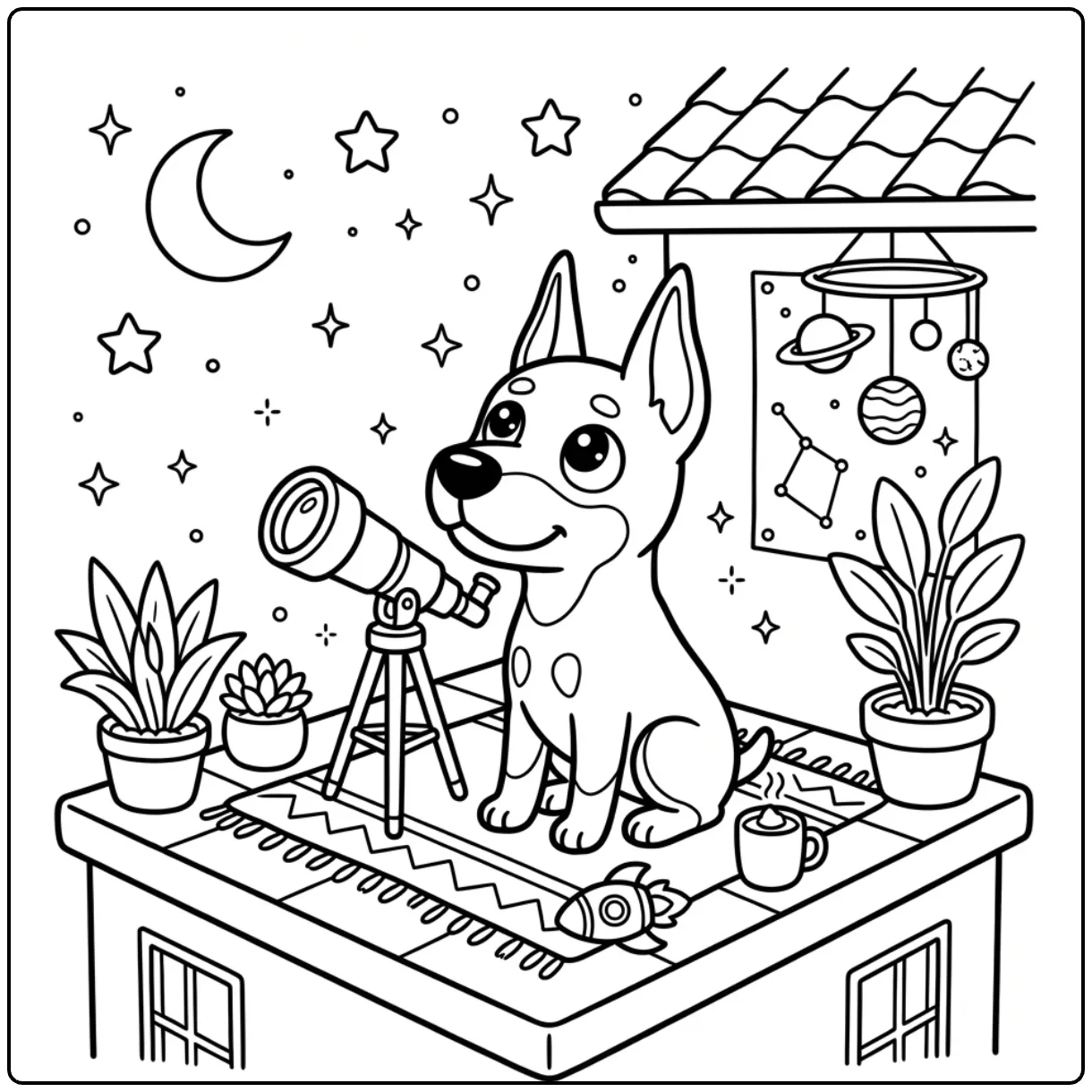 Cute Doberman coloring page stargazing on a rooftop.
