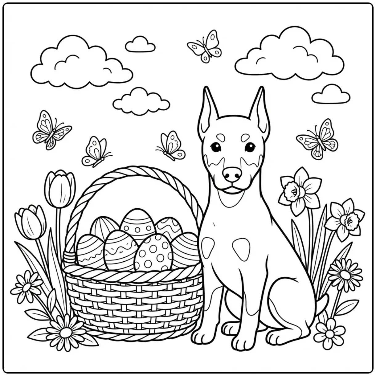 Cute Easter Doberman coloring page with basket of eggs.