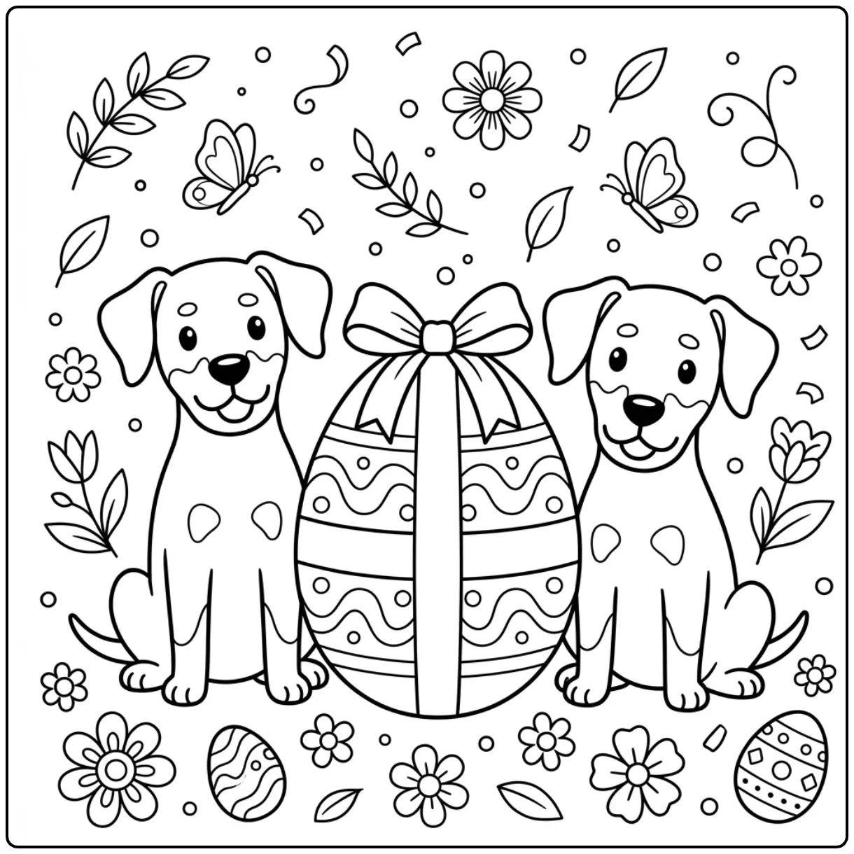 Cute Easter Doberman coloring page with dogs and a gift egg.