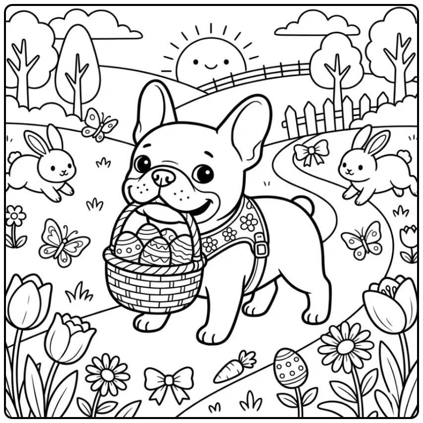 A cute Easter French Bulldog Coloring Page with eggs and bunnies.