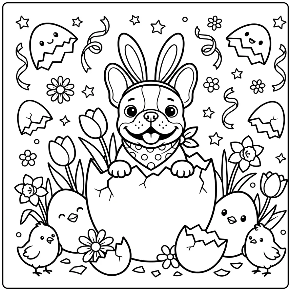 A cute Easter French Bulldog Coloring Page with a puppy in an egg.