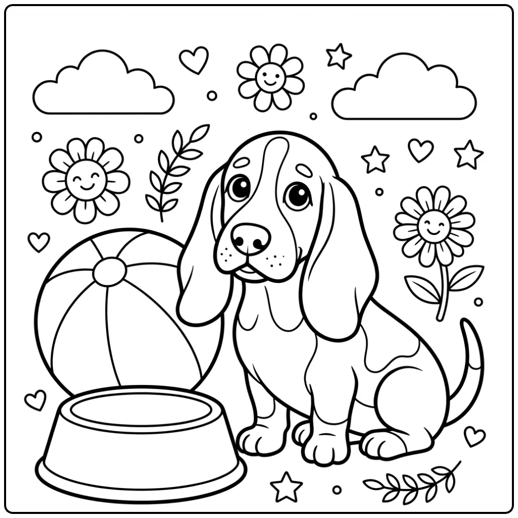 Cute Easy Basset Hound coloring page with a ball and bowl.