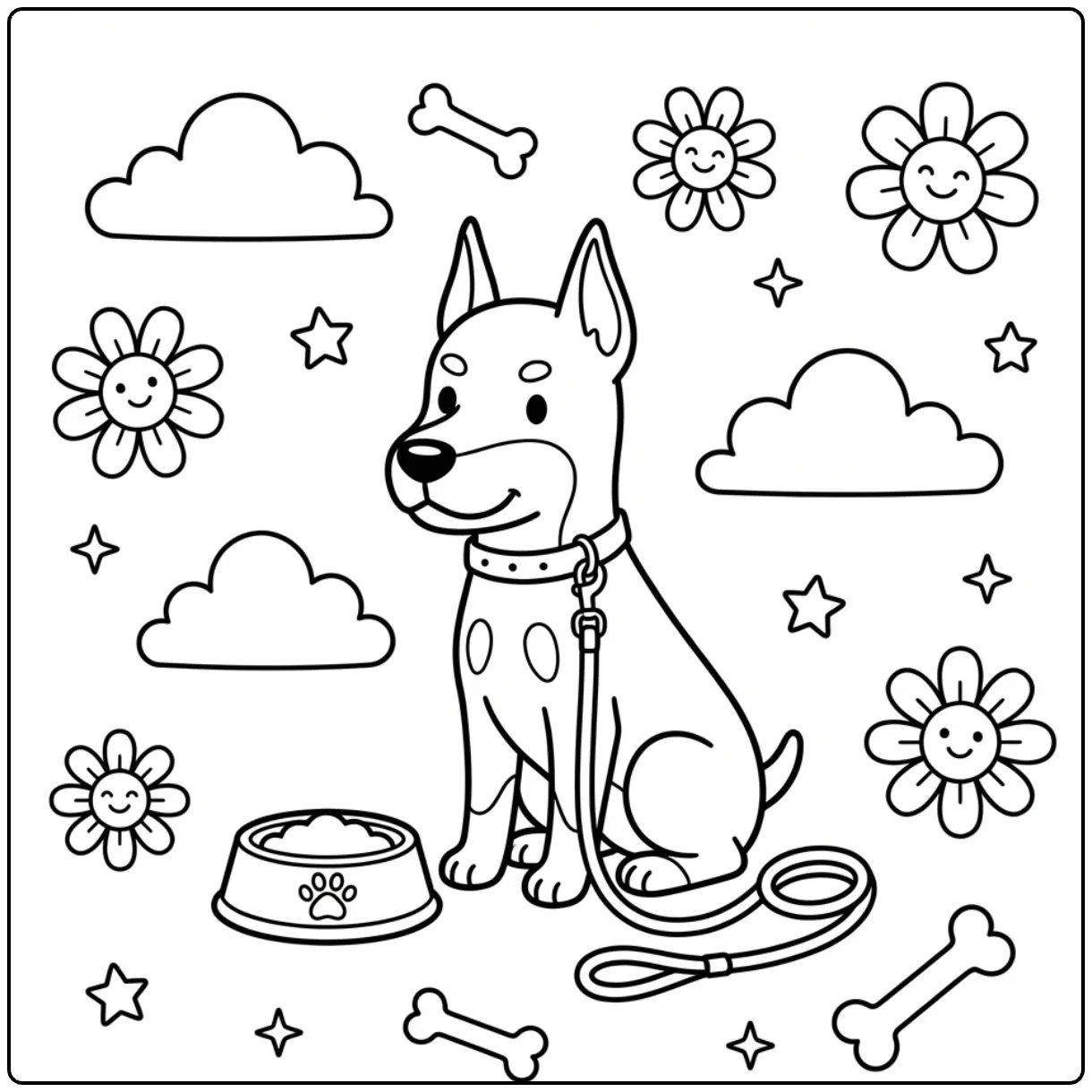 Cute dog with flowers on an Easy Doberman coloring page