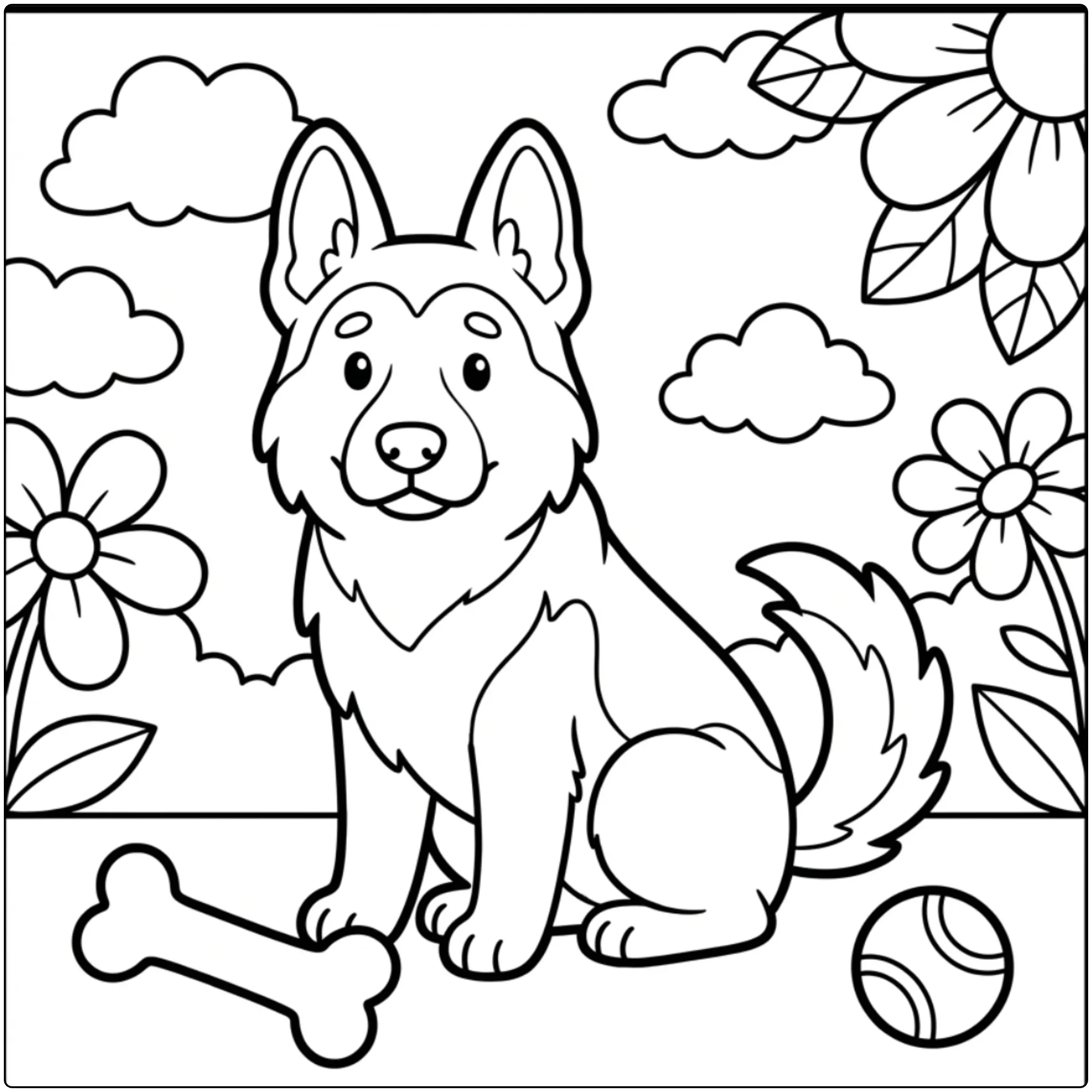Cute dog with toys in this easy German Shepherd coloring page.