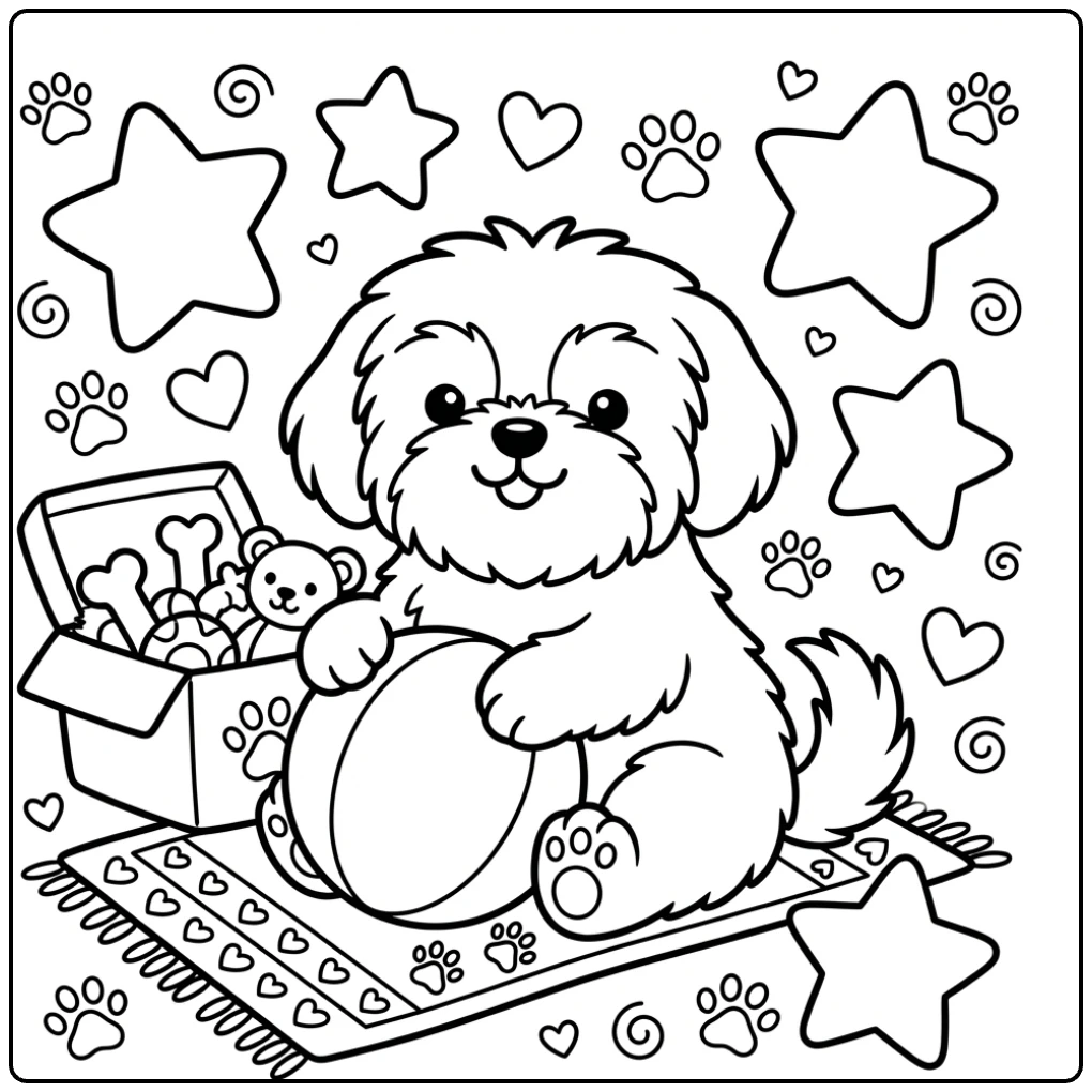 Cute easy Shih Tzu coloring page with ball and toys.