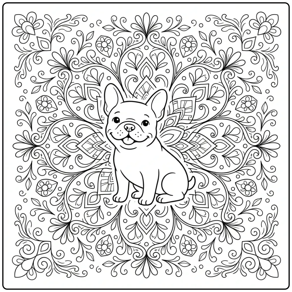 A cute cartoon Mandala French Bulldog Coloring Page with flowers.