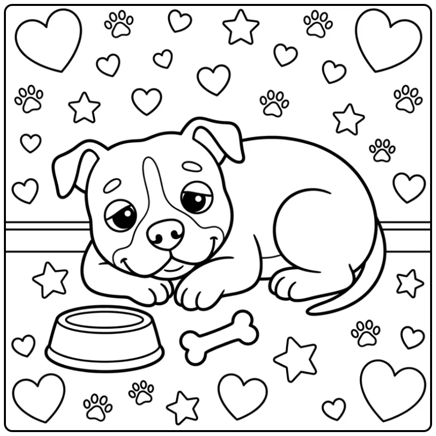 A peaceful pup on an Easy Pitbull Coloring Page with a bone.