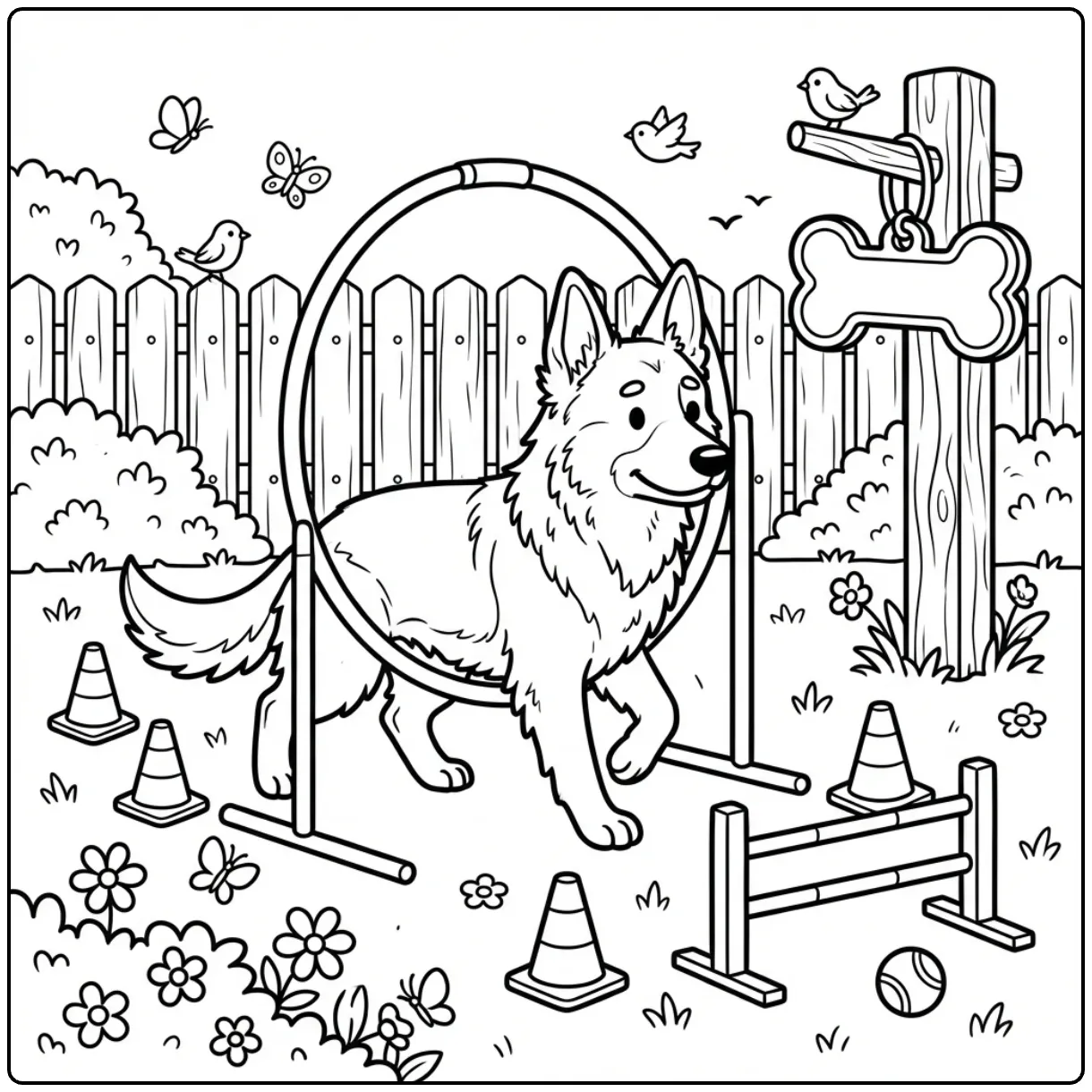 Cute agility German Shepherd coloring page with hoop and cones.