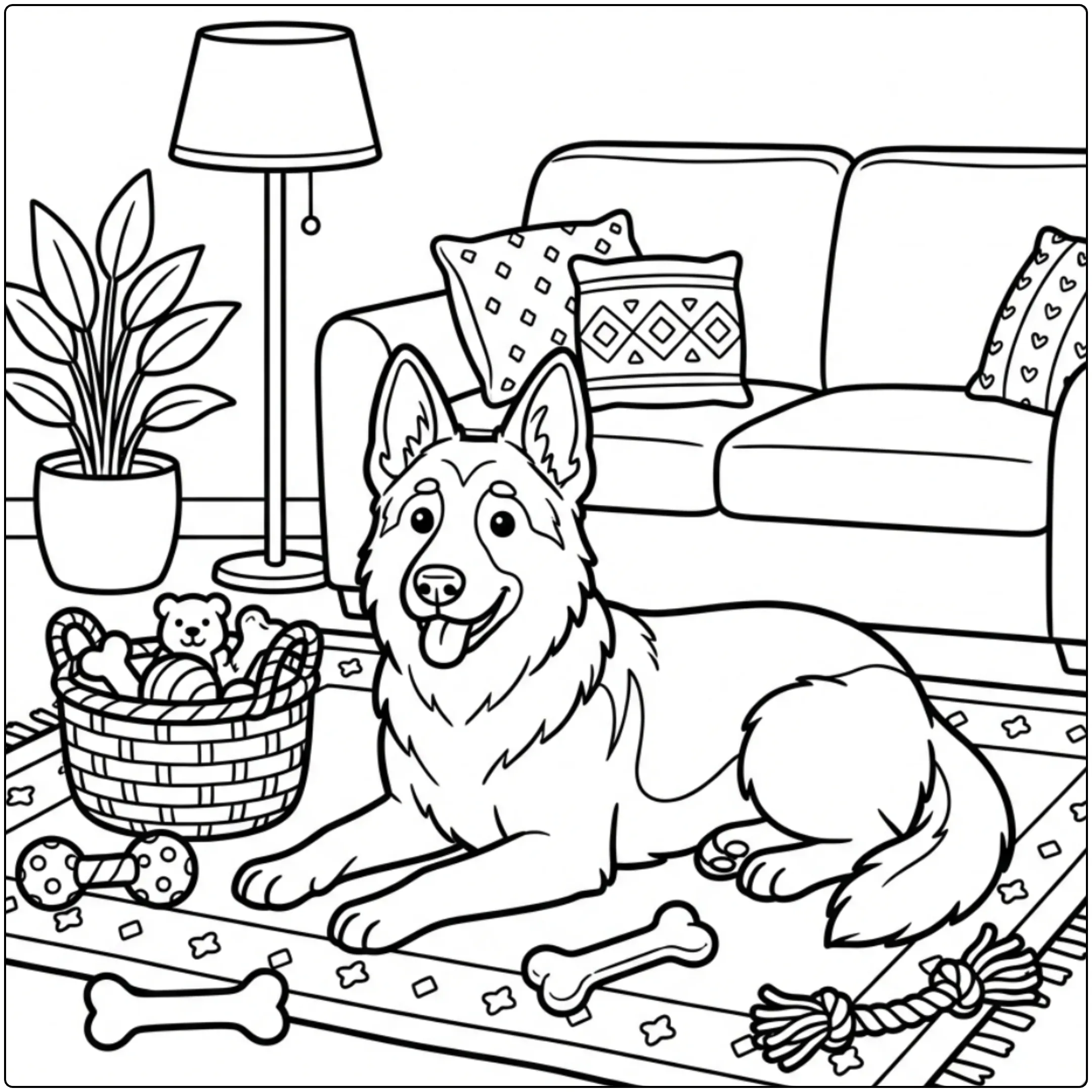 Cute German Shepherd coloring page relaxing on a rug
