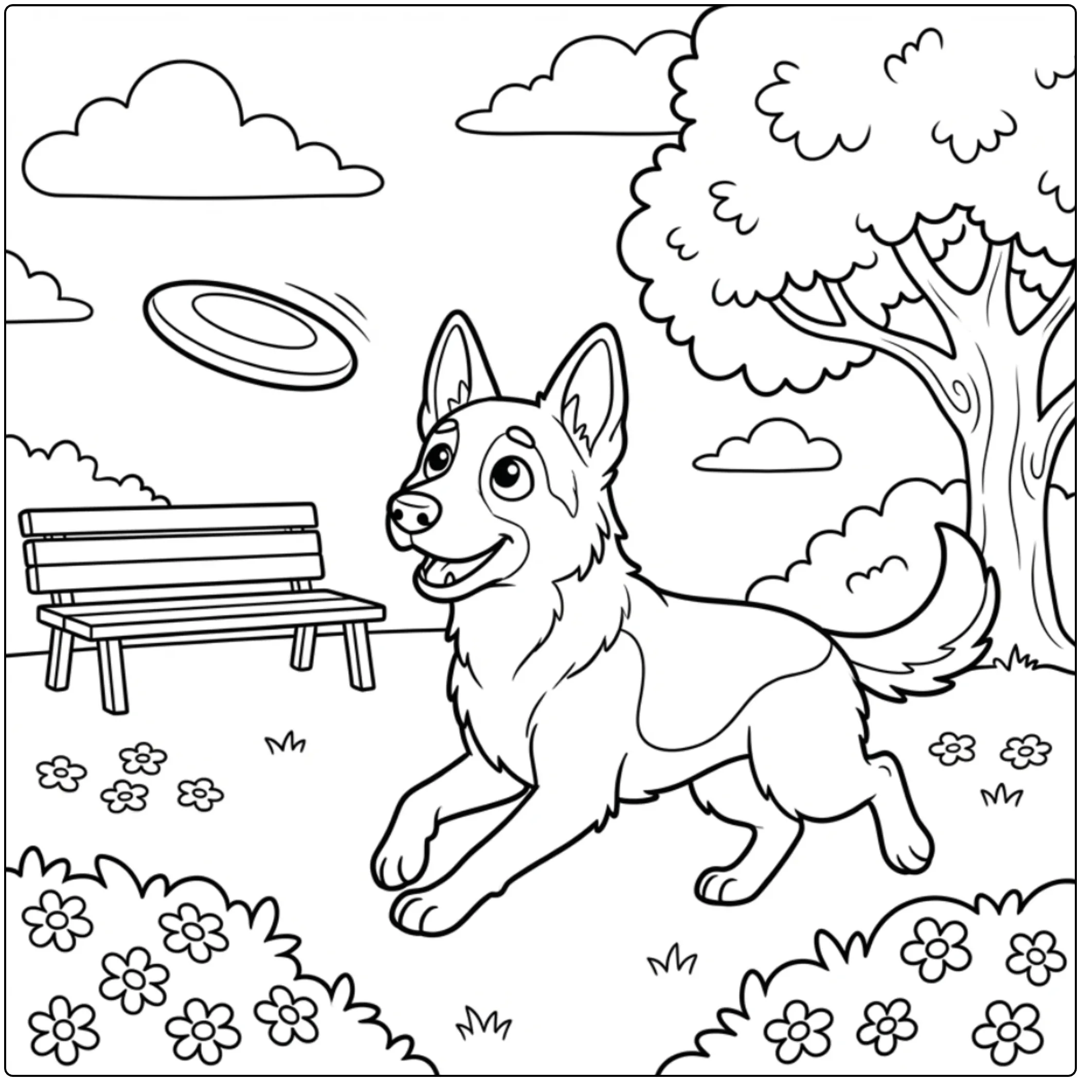 Cute German Shepherd coloring page chasing a frisbee in a park.