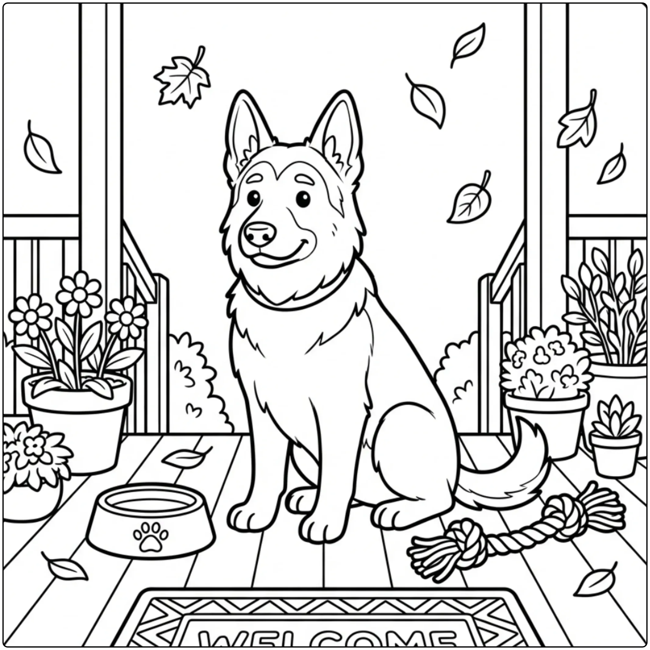 Cute German Shepherd coloring page sitting on a porch.