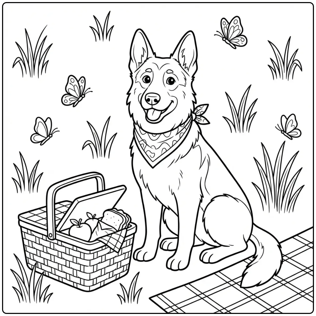 Cute German Shepherd coloring page sitting by a picnic basket.
