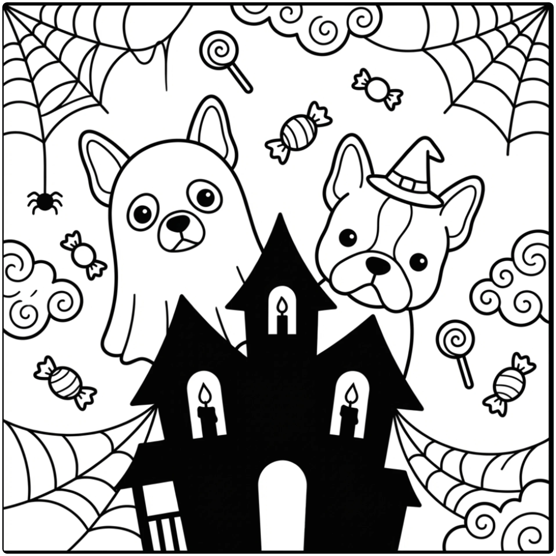 Cute Halloween Boston terrier coloring page with spooky pups.