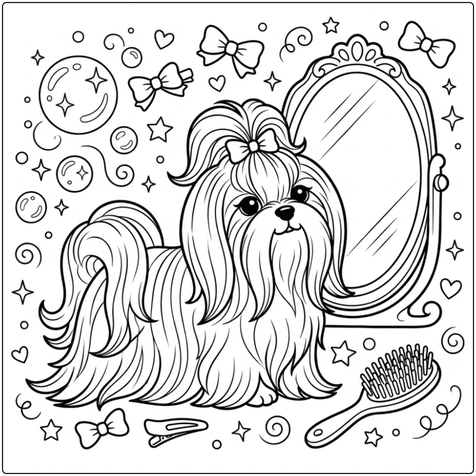 Cute long haired Shih Tzu coloring page with vanity mirror.
