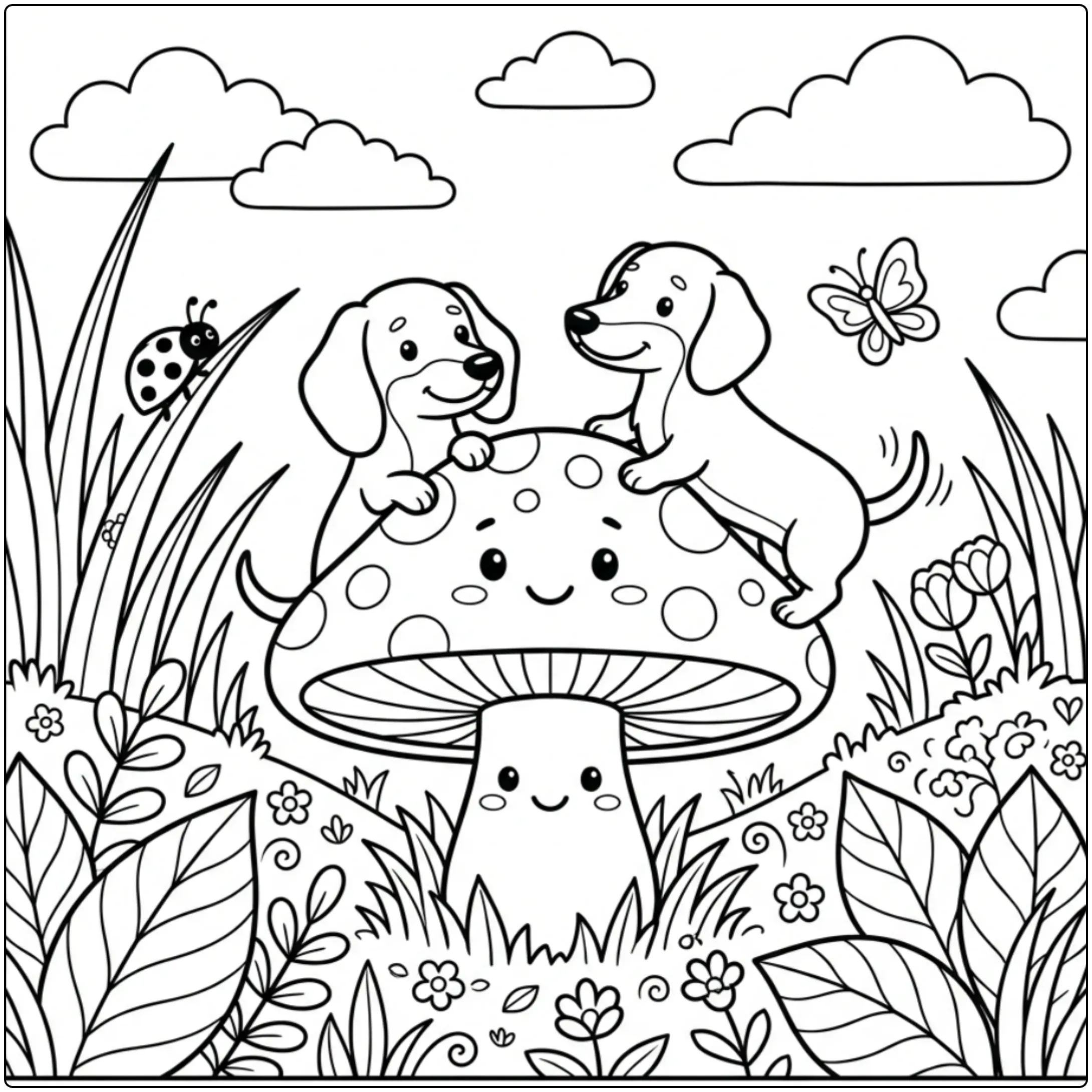 Cute Miniature Dachshund coloring page with dogs and mushroom
