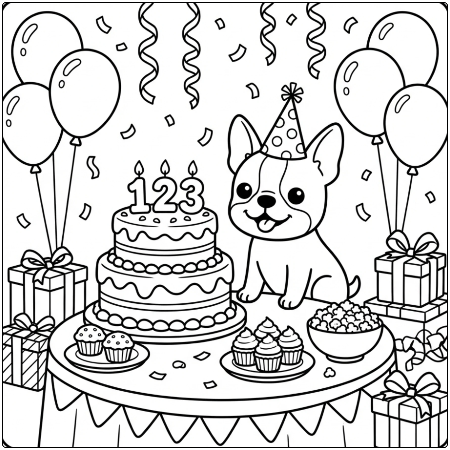 Cute birthday puppy Boston Terrier coloring page with cake