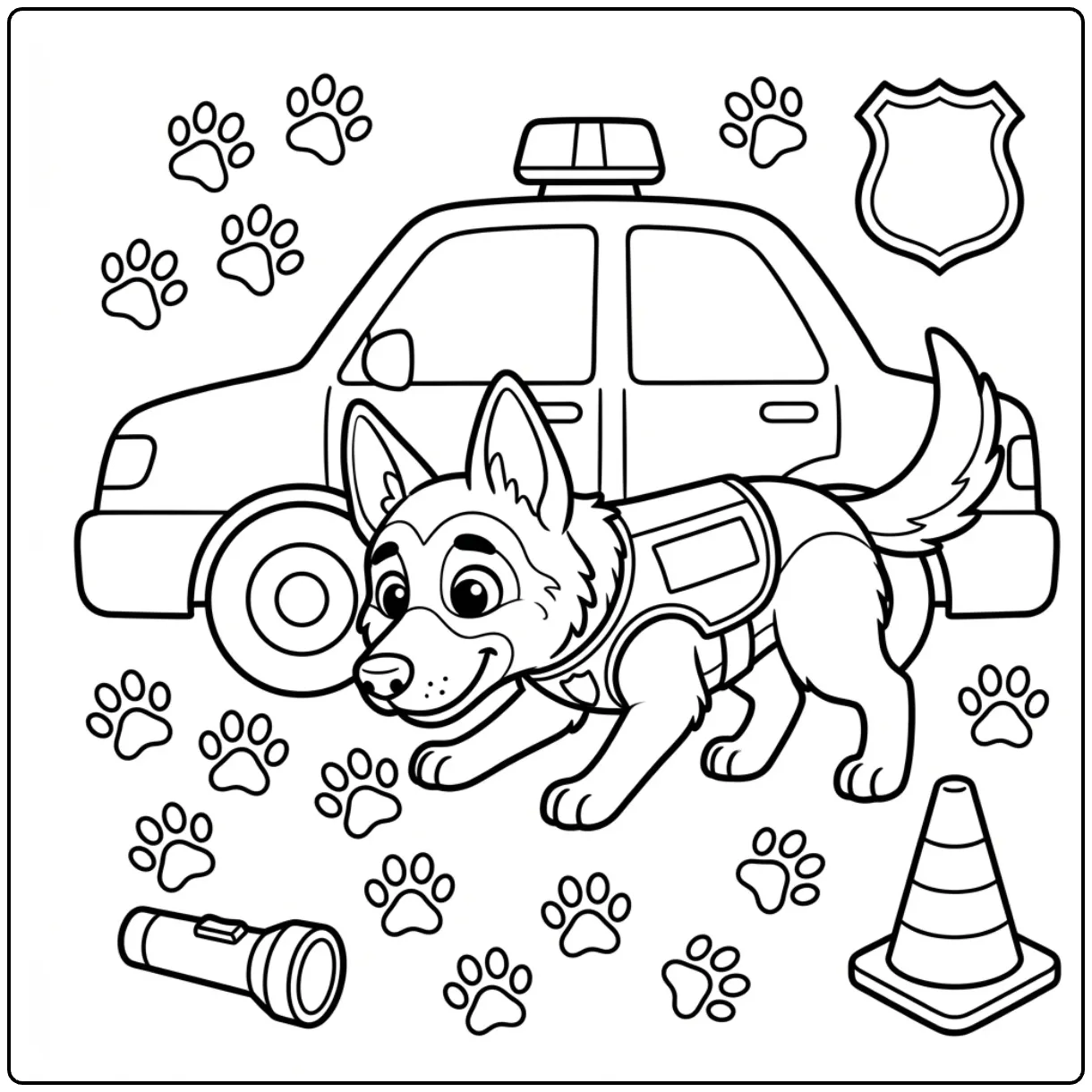 Cute police dog German Shepherd coloring page sniffing car